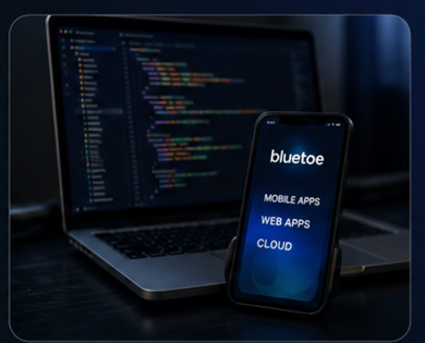 Laptop mit Code und BlueToe App-Vorschau